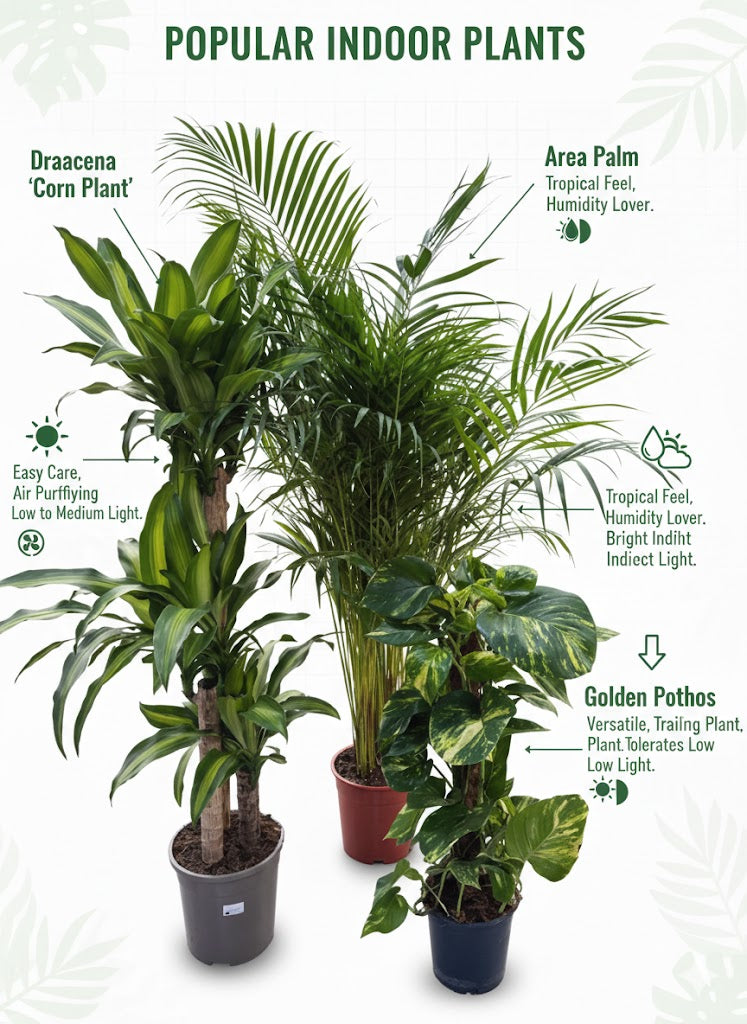 🌿Premium Indoor Plant Combo – Dracaena, Areca Palm & Golden Money Plant