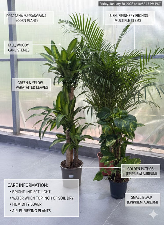 🌿Premium Indoor Green Plant Combo – Dracaena, Areca Palm & Golden Pothos