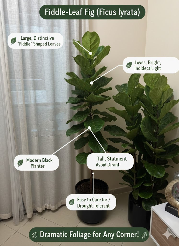 Fiddle-leaf fig plant with features highlighted in a room setting