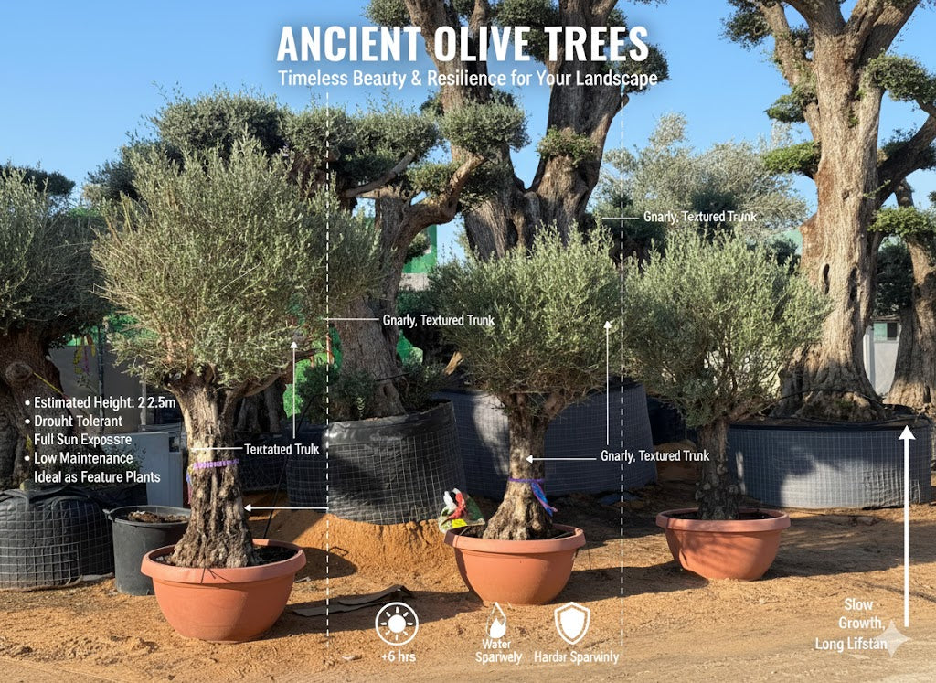 Potted olive trees with text overlay on ancient olive trees