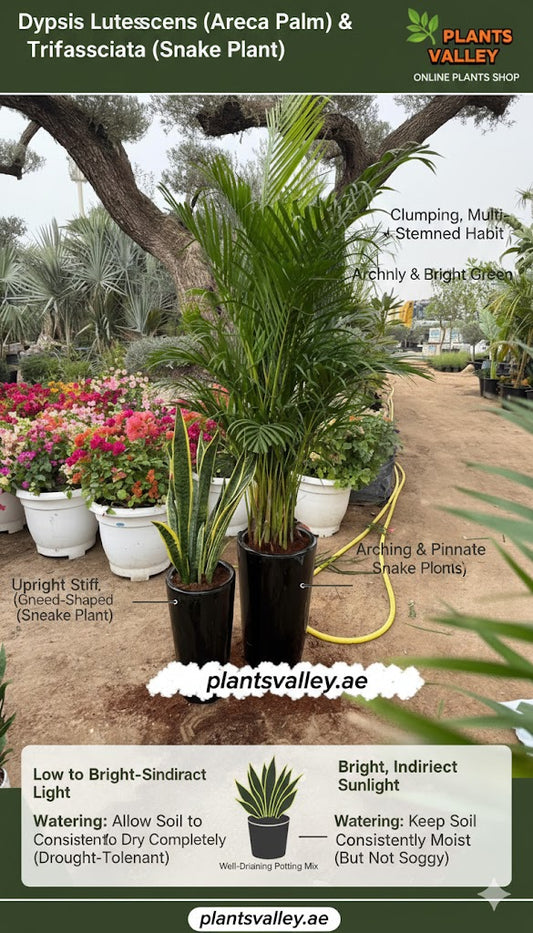 Potted Arecaceae palm plant with gardening information on a Plants Valley promotional graphic.