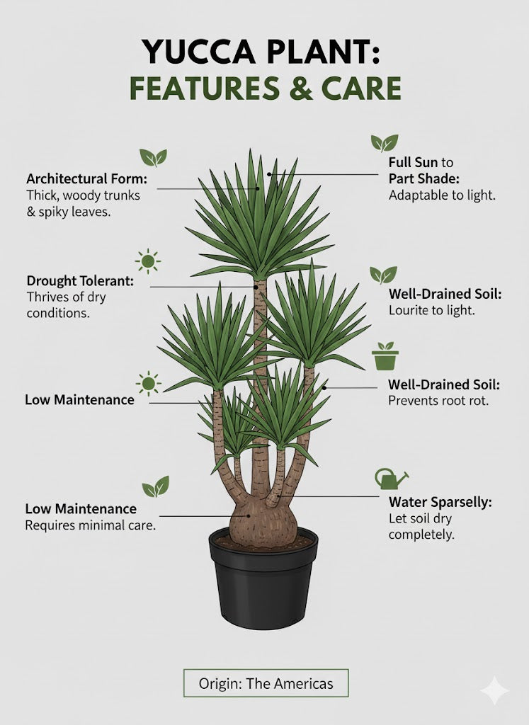 Yucca plant with features and care instructions on a white background
