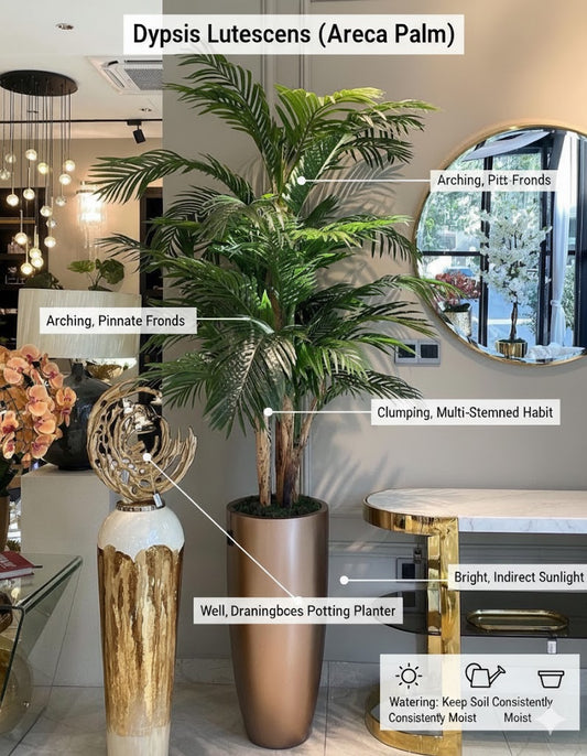 Dypsis Lutescens (Areca Palm) plant in a pot with labels on a decorative interior setting.