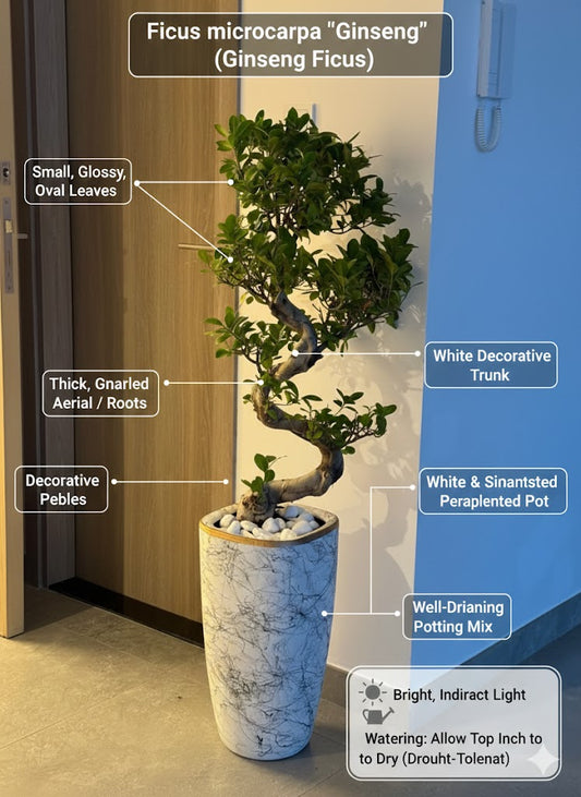 Potted Ficus microcarpa 'Ginseng' plant with labeled features and care instructions.