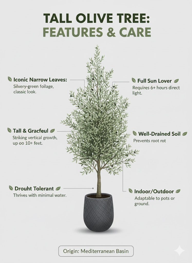 Infographic on tall olive tree features and care with a potted olive tree illustration.