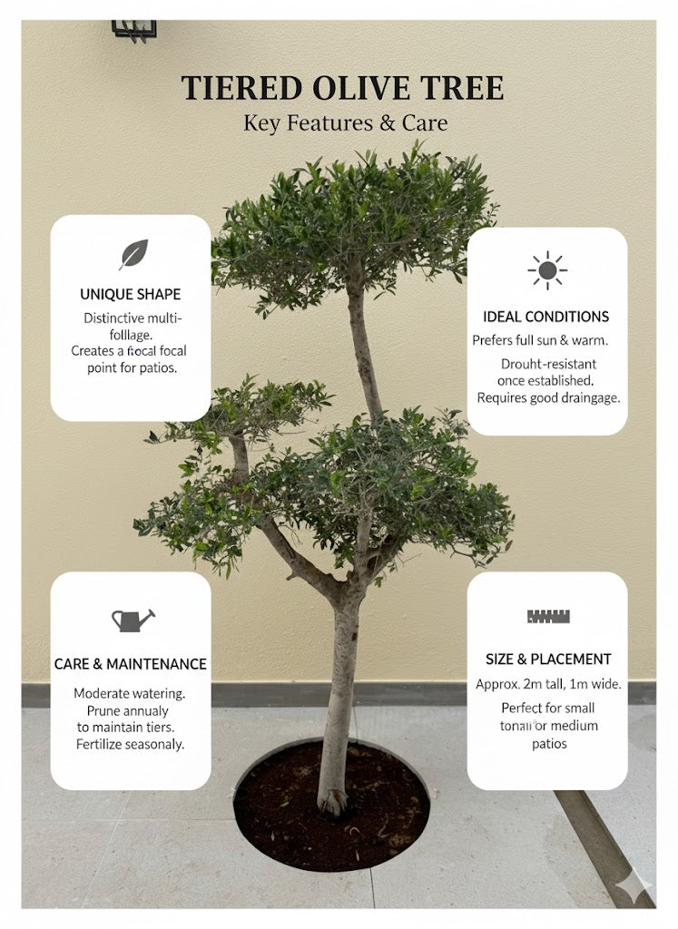 Tiered olive tree with key features and care information on a beige background