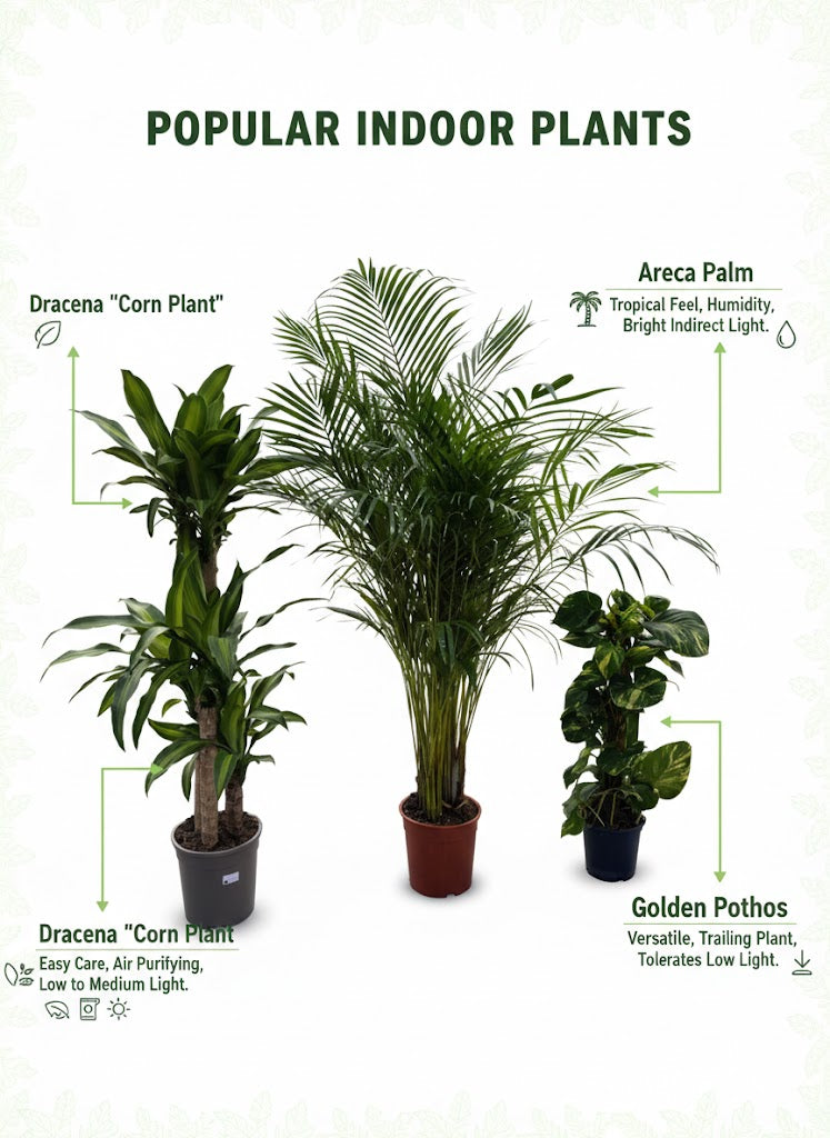 🌿Luxury Indoor Plant Trio – Dracaena, Areca Palm & Golden Money Plant Set