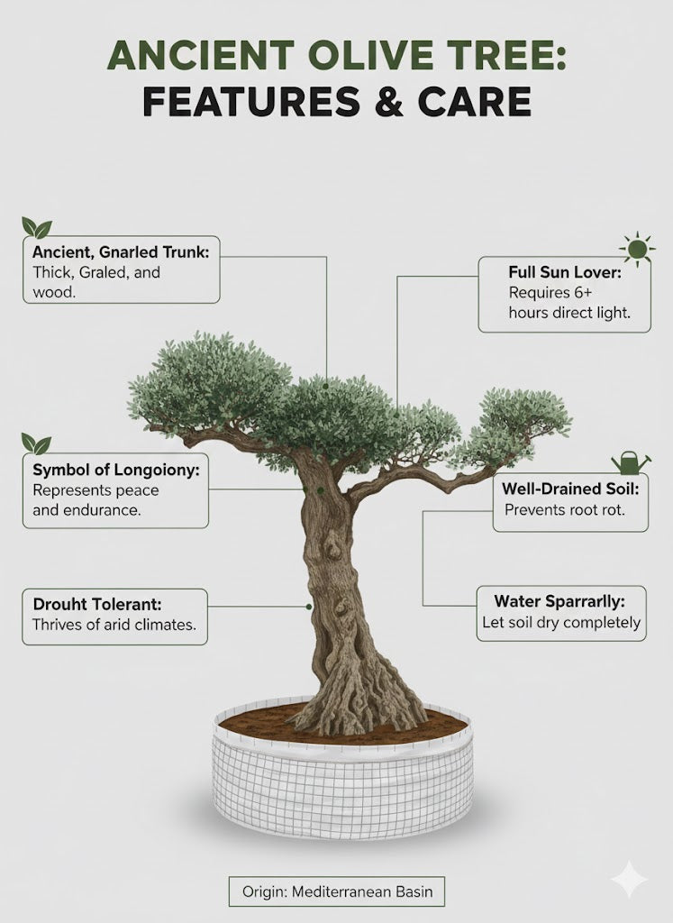 Infographic about ancient olive tree features and care on a white background
