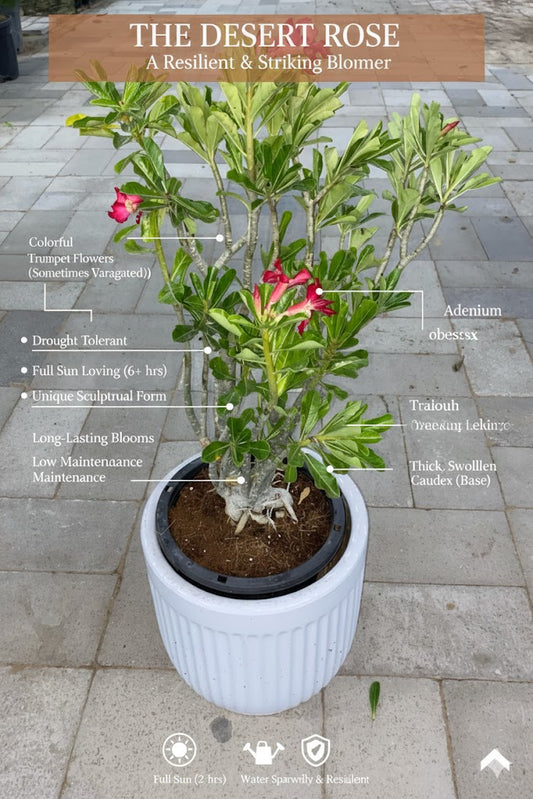 Potted Adenium obesum plant with features labeled on a stone pavement background