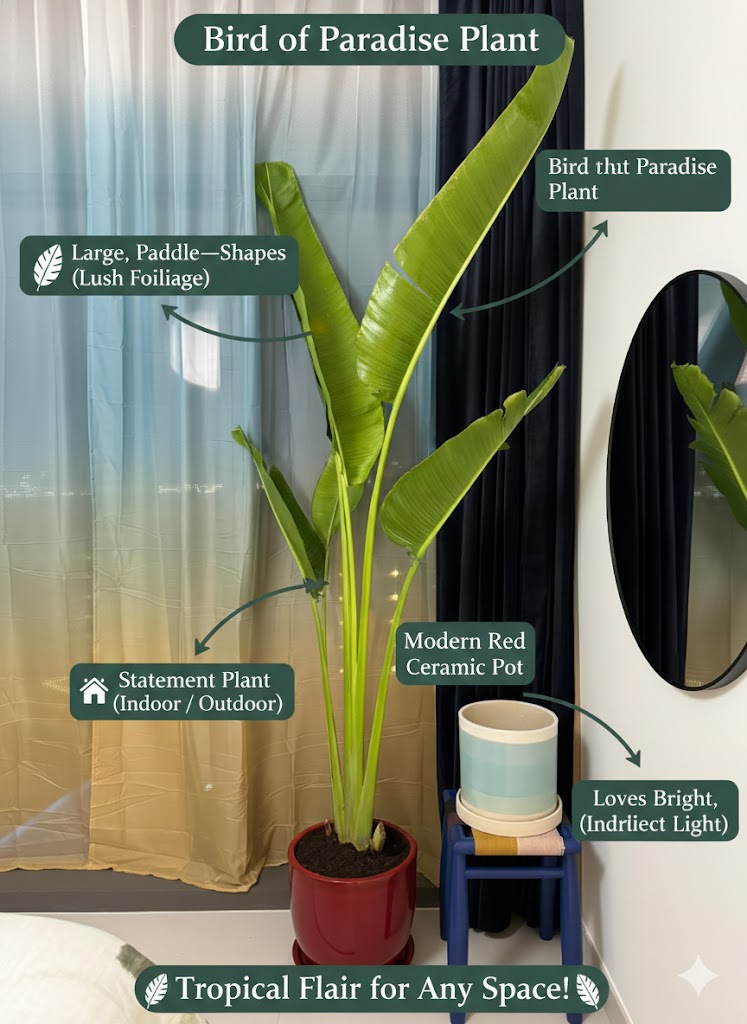 Bird of Paradise plant with features highlighted on a neutral background