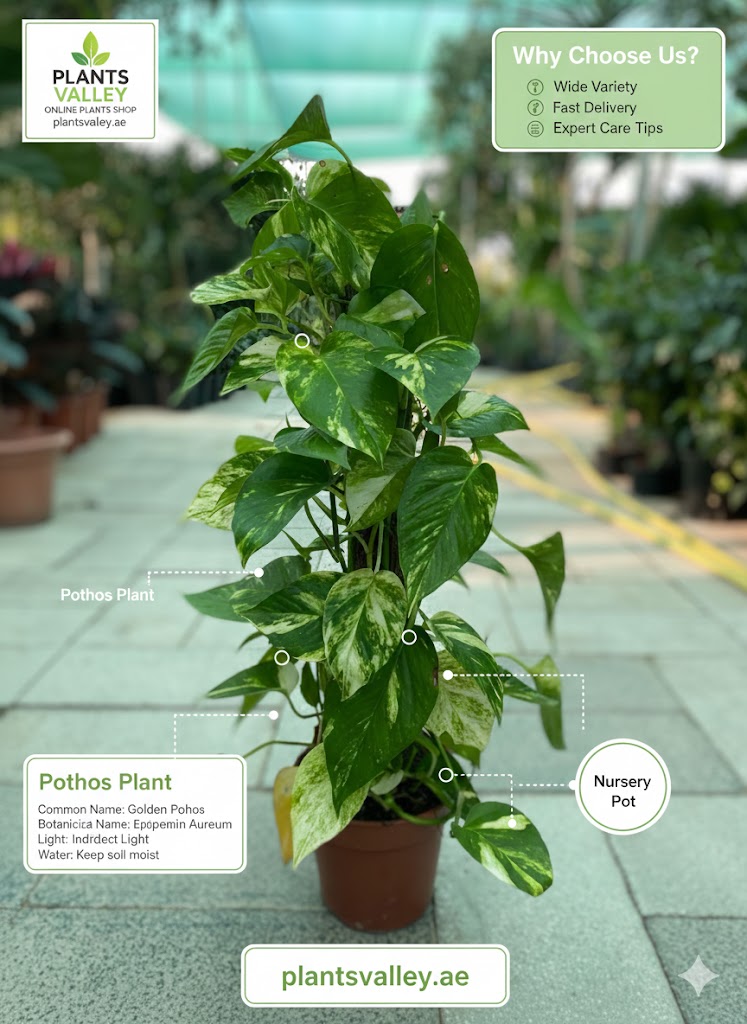 Pothos plant in a nursery pot with branding and product information on a blurred background.