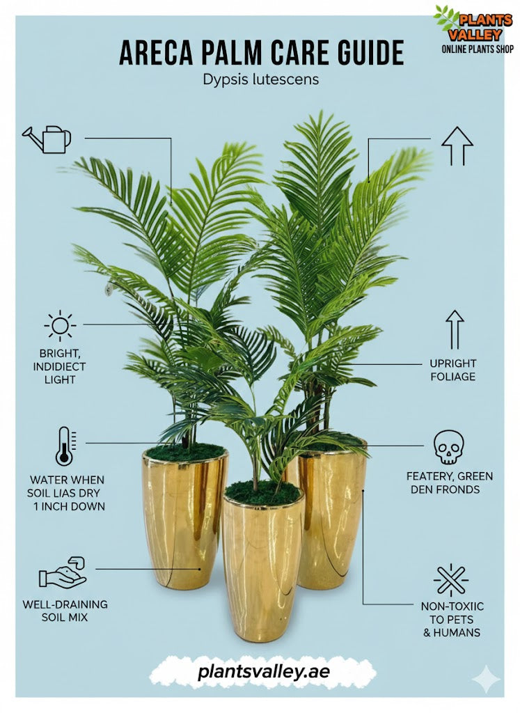 Areca palm care guide with plant illustrations and text on a light blue background