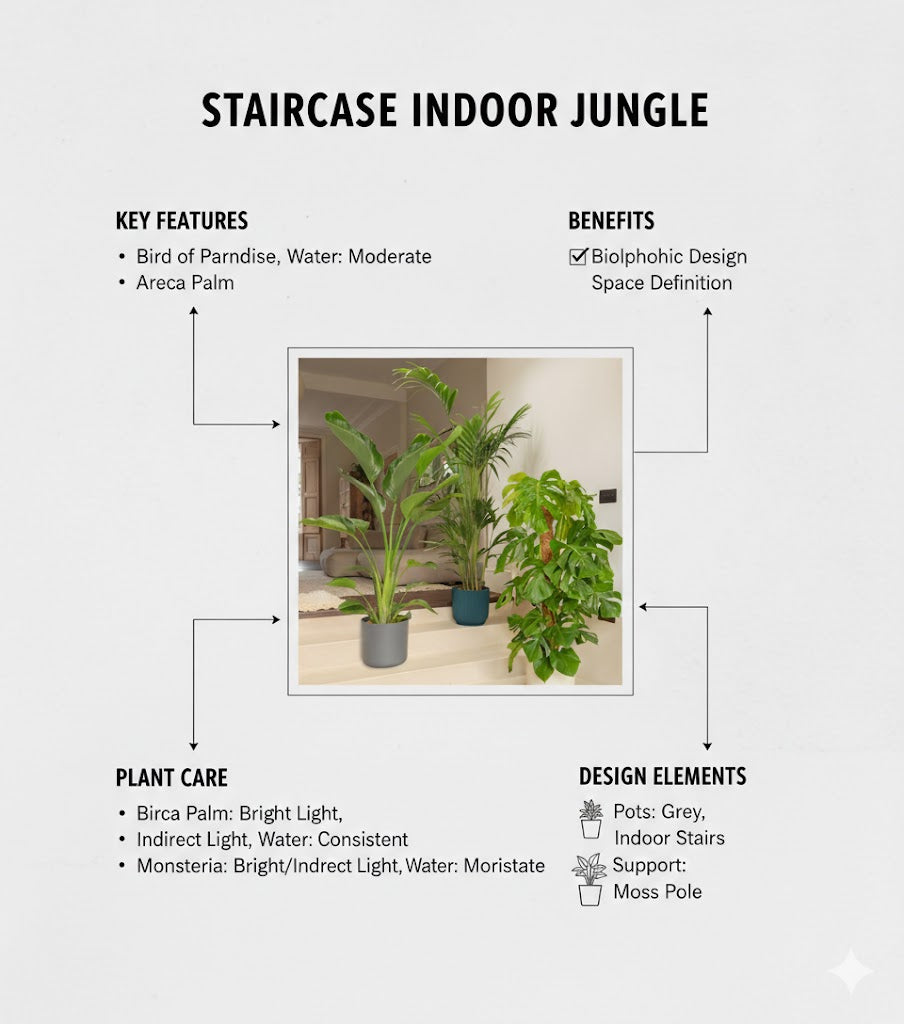 Luxury Indoor Green Trio – Traveler Palm, Areca Palm & Monstera infographics