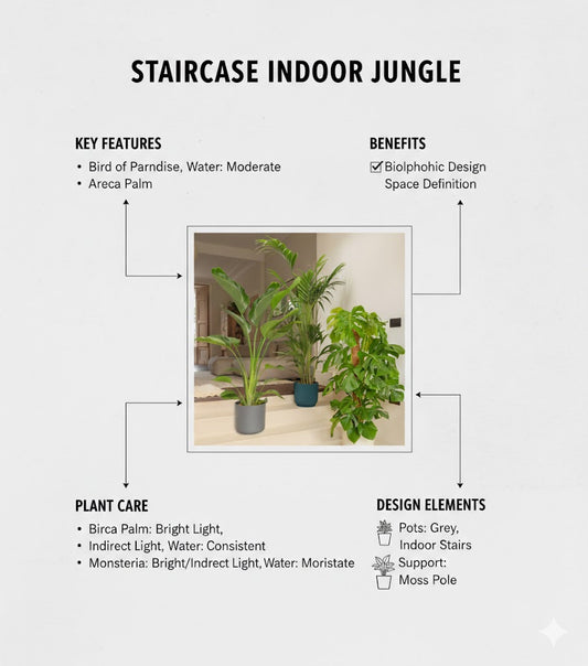 Luxury Indoor Green Trio – Traveler Palm, Areca Palm & Monstera infographics