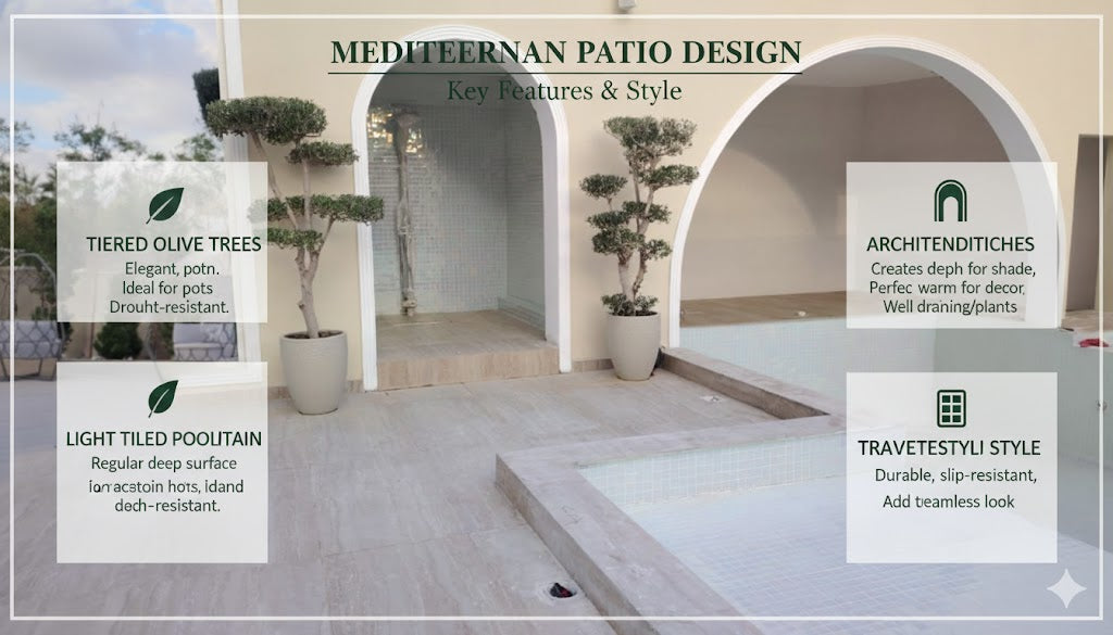 Mediterranean patio design with key features highlighted on a white background