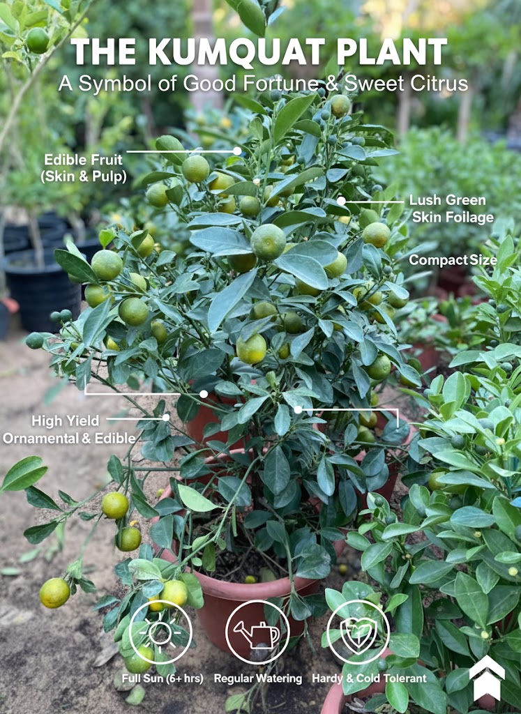 Kumquat plant with labeled features and text about its qualities.