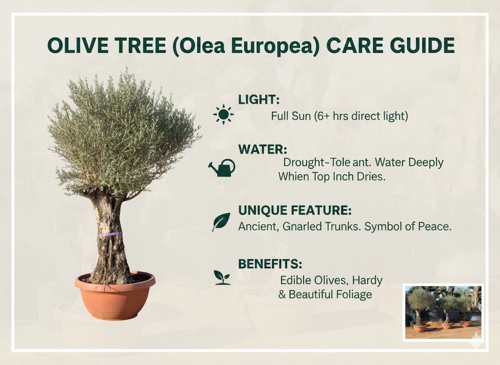 Olive tree care guide with plant image and text on a light background