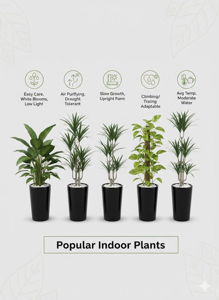 Row of six potted indoor plants with care instructions on a white background