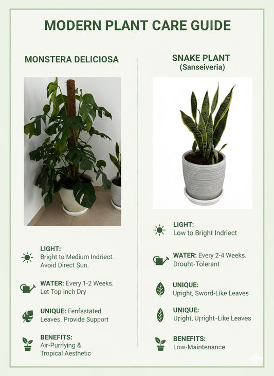 Modern plant care guide with images and information on Monstera Deliciosa and Snake Plant.
