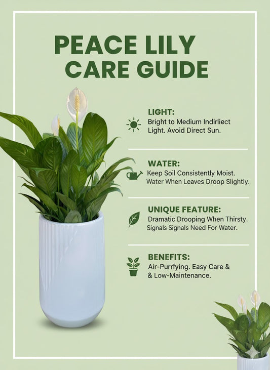 Peace Lily care guide with plant image on a light green background