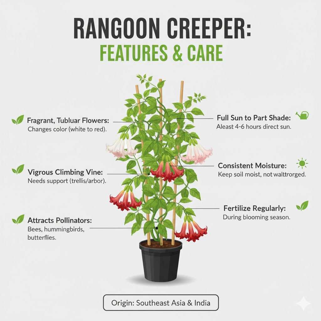 Rangoon creeper plant with features and care instructions on a white background