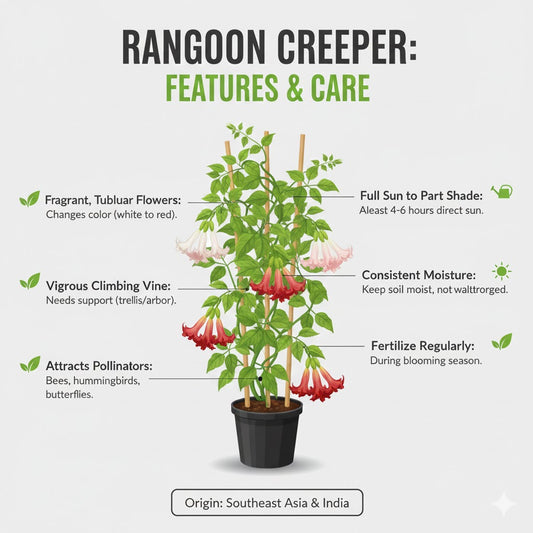 Rangoon creeper plant with features and care instructions on a white background