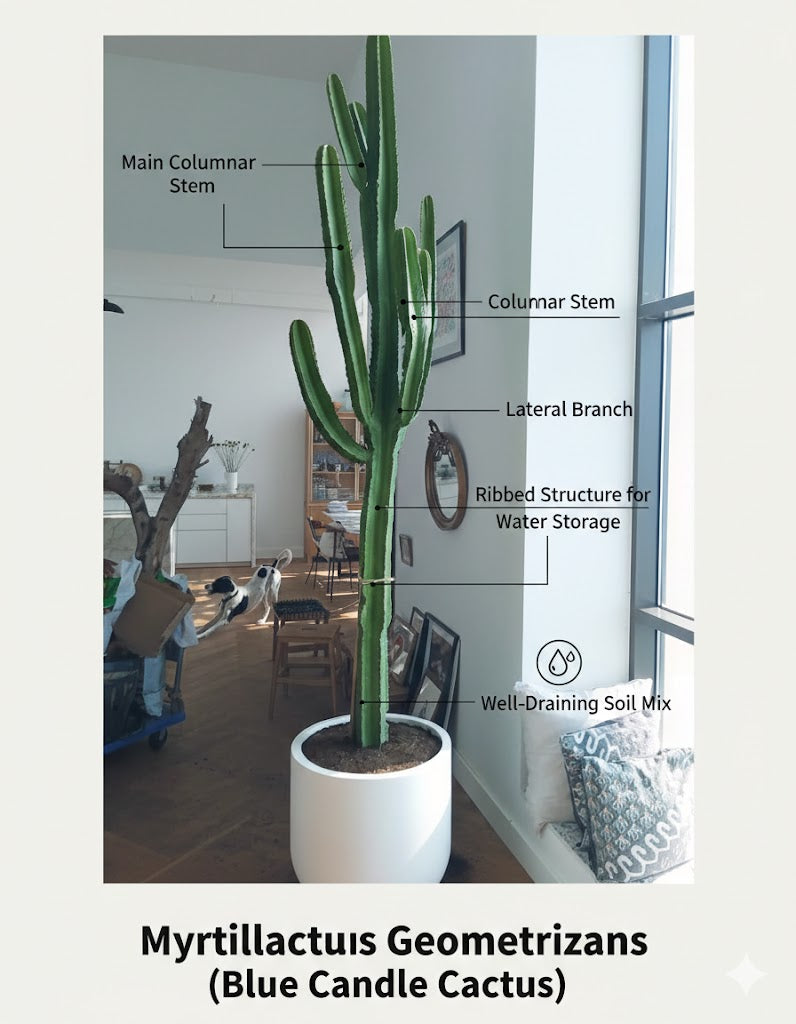 Blue Candle Cactus with labeled parts in a room setting