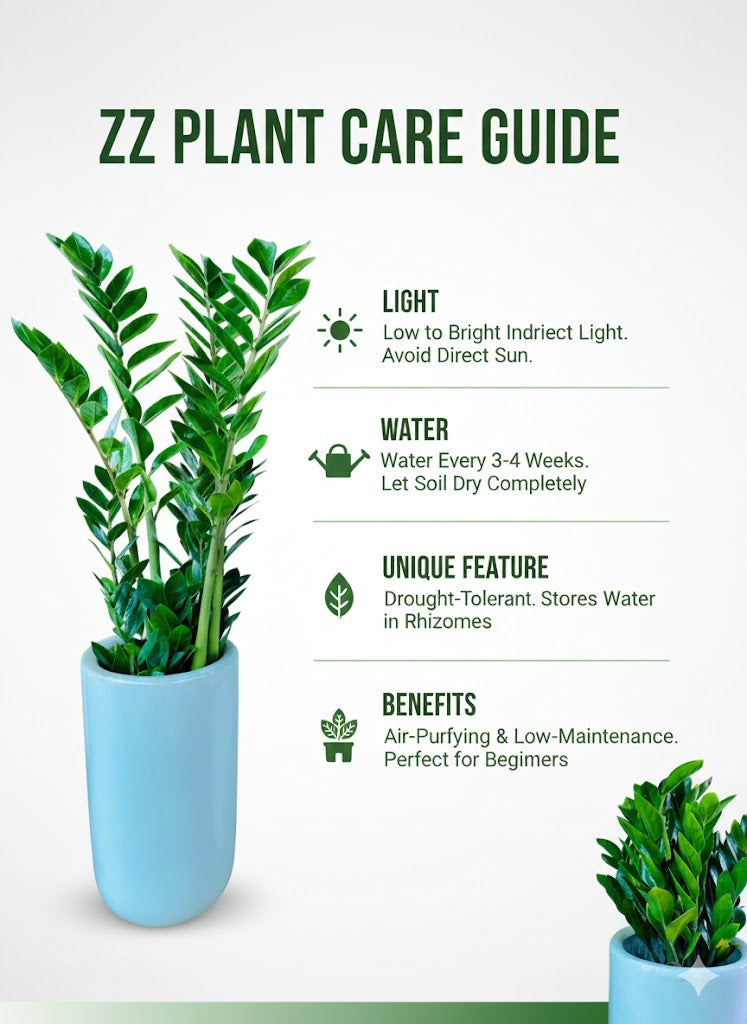 ZZ plant care guide with plant images and text on a white background