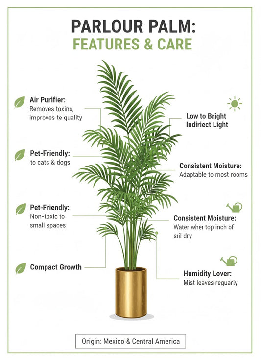 Infographic on parlour palm features and care with a plant illustration.