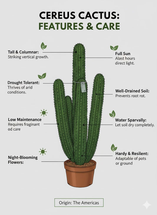 Infographic on cereus cactus features and care with a potted cactus illustration.