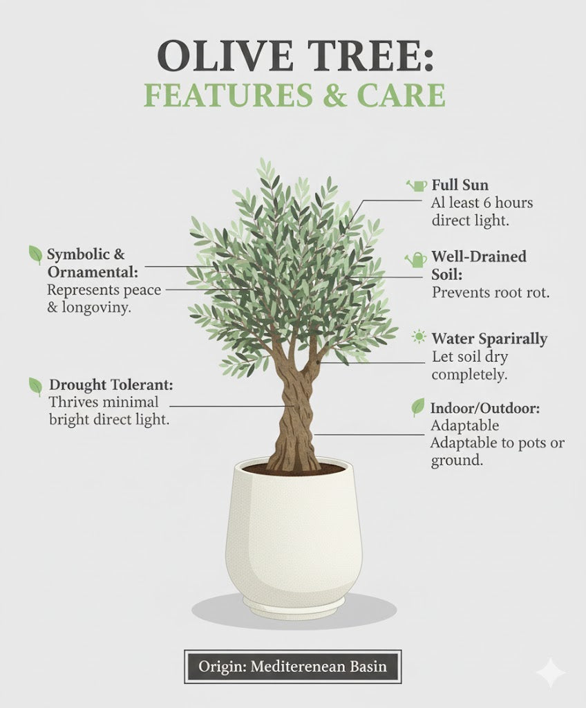 Olive tree with features and care instructions on a white background