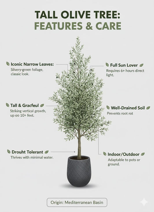 Infographic on tall olive tree features and care with a potted olive tree illustration.