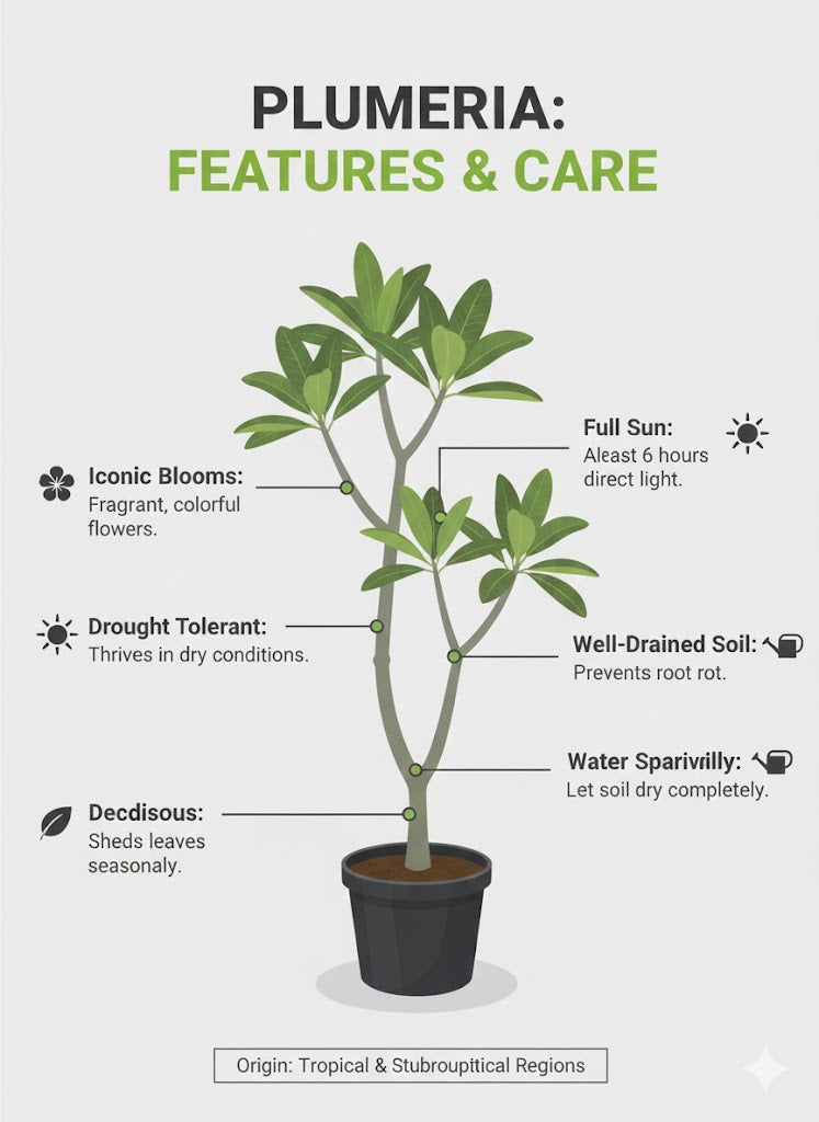 Plumeria plant with features and care instructions on a white background