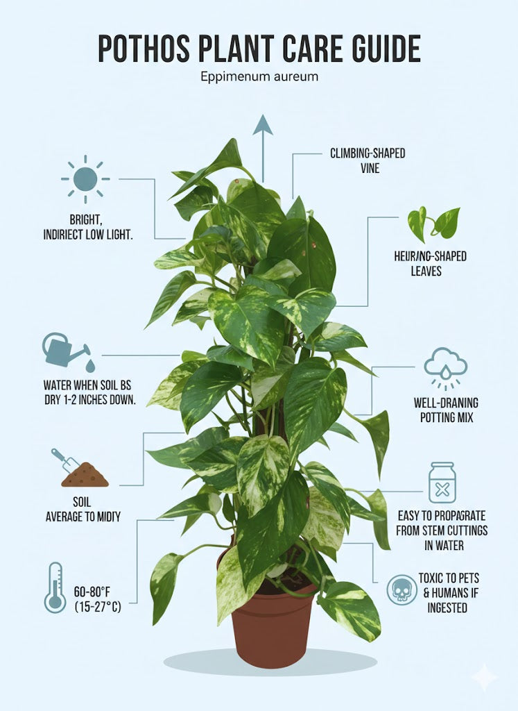 Pothos plant care guide with illustrations and text on a white background